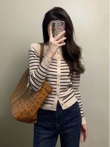 Early Spring 2025 Womens Knitted Polo Neck Long Sleeve Striped Sweater Button up Slimming Top Korean Style Regular Fit Online Exclusive