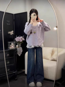 XUECAIQI | Gentle Lazy Style Flower Design Knitwear & Jeans 2pcs Set