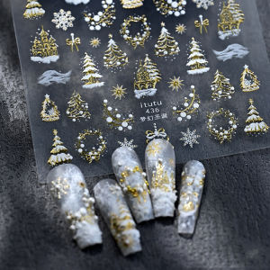 1Pc 5D Embossed Gold Christmas Nail Sticker Xmas Tree Snowflakes Wreath Self-Adhesive Nail Decal Xmas DIY Crafts Manicure Slider