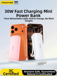 PISEN | Aircraft Certified Portable Mini 10000mAh Power Bank with Retractable Cable 30W Fast Charging
