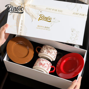 BINCOO Coffee Cup Saucer Gift Box Set 2 cups 2 saucers Teacups Gift Box Set with Spoon Saucer Set Household Cup