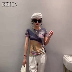 REHIN เสื้อผู้หญิงฤดูร้อนแฟชั่นใหม่เสื้อยืดแขนสั้นผ้าตาข่ายคอกลมเสื้ออินเทรนด์บาง S-3XL เข้ารูปพอดี