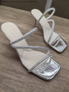 Giày Cao Gót Đế Vuông Hở Mũi Đính Đá Rhinestone Cho Nữ Mùa Hè Ngoài Trời Đế Bằng Đế Cao Su Đế Cao 7cm