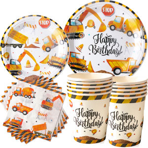 Construction Theme Disposable Tableware Paper Plate Cup Excavator Truck Tractor Party Decor Kids Birthday Baby Shower Supplies