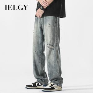 กางเกงยีนส์แต่งลายขาดๆชายกางเกงทรงหลวมตรงสไตล์อเมริกันแบบบางใส่ฤดูร้อน - IELGY