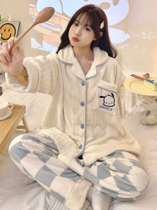 2025 New Womens Coral Fleece Thickened Warm Home Clothes Sleepwear Set Simple Style Long Sleeve Shirt Collar Button Front Closure