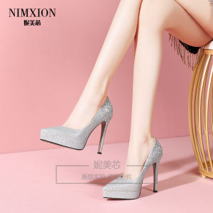 รองเท้าแต่งงานส้นสูงสำหรับผู้หญิง พื้นกันน้ำ หนังแท้ สายสูง ประดับคริสตัล หัวแหลม รองเท้าแต่งงานสุดเซ็กซี่ รองเท้าแฟชั่นส้นสูง