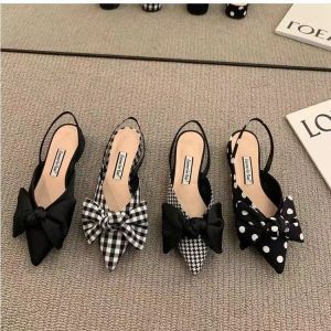 2024 Summer New Womens Sandals French Style Pointed Toe Thick Heel Platform Slip-On Loafers with Butterfly Bow Decorated Dress Sneakers