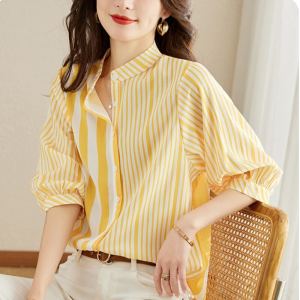 Fashionable Striped Loose Fit Shirt Womens Stand Collar Sleeveless Top Commute Style Autumn Winter New Arrival Versatile Seven Sleeve