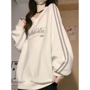 Áo Nỉ Cổ Chữ V Kẻ Sọc Dáng Rộng Cho Nữ Mùa Thu Phong Cách Lười Biếng Thương Hiệu Mỹ Cổ Điển Cỡ Lớn 300 Pound