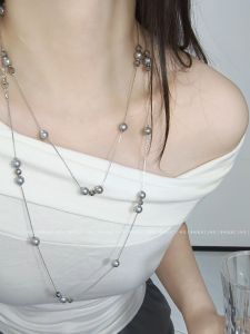 Silver Grey Multi-Layer Long Pearl Necklace Sweater Chain Original Design Adult Alloy Plated Jewelry Online Exclusive
