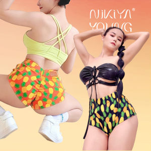 NikiyaYoung Pure Cotton Twerk Shorts Summer Pineapple Stripe Ethnic Fitness Butt Dance Yoga Sports Leisure Pants