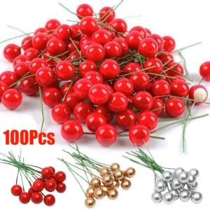 100PCS Christmas Decoration Artificial Berry Red Gold Cherry Stamen Mini Fake Berries Flowers Pearl Beads for DIY Christmas Party Craft