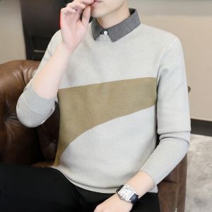 HENGYUANXIANG | Thickened Shirt Collar Knitted Sweater Mens Warm Color Block Winter Fashion City Casual Long Sleeve Shirt Style Neckline
