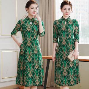 Mid-Length Loose Fit Button-Up Summer Dress for Middle-Aged and Elderly Women Floral Pattern Slimming Design National Style