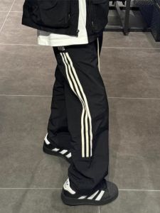 Quick Dry Ice Silk Three Bar Stripe Mens Summer Thin American Retro Workwear Straight Leg Long Pants Casual Sports Trousers