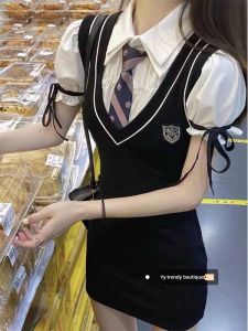 College Style Uniform Set Womens High Waist Bubble Sleeve Short Sleeve Bodycon Dress Sweet Cool Girl Summer Autumn Fashion