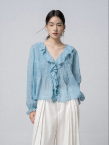 Tender Blue With Ruffle Hem and Dentate Flounces Spring 2026 New Shirt