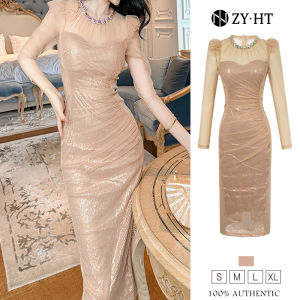 HT EraVogue ดรสเดรสทอง เสื้อเดรสแขนยาว ชุดราตรี เดรสผ้าเลือด เดรสไฮโซ เดรสออกงาน และเดรสฝรั่งเศส 11106