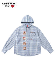 CHARLES JANGS HAPPY HEART | Pet Doodle Retro Check Long Sleeve Hooded Loose Casual Shirt