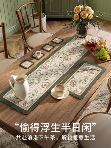 High-End American Retro Leather Table Flag Long Water Absorbent Tea Table Mat Afternoon Tea Tablecloth Floral Pattern PVC Material