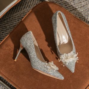 Giày Cao Gót Đính Pha Lê Màu Sâm Panh Cho Cô Dâu Giày Thời Trang Mùa Hè Đế Cao Su Mũi Nhọn Giày Đế Cao Không Mệt