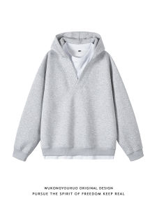 WUKONGYOUHUO | Trendy Simple Style Contrast Color V-Neck Faux Layered Hoodie Loose Fit Couple Wear