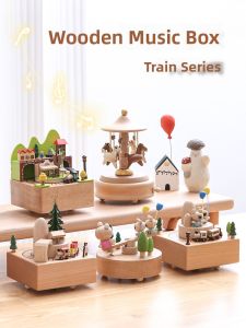 Cute Wooden Desktop Decorations Music Box Rotating Horse Train Birthday Gift for Girls Handmade Craft Aesthetic Decor