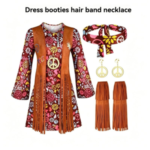 Bộ Trang Phục Hippie Cổ Điển Có Tua Rua Dành Cho Nữ Bộ Váy In Họa Tiết Tay Loe 4 Món Kèm Mũ Đội Đầu Cho Bữa Tiệc Lễ Hội Âm Nhạc Halloween Carnival