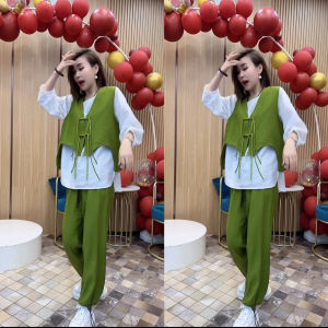 Ice Silk Cotton Linen Tassel Vest Harem Pants Casual Loose Fashion Three-Piece Suit Summer New Internet Celebrity Tops