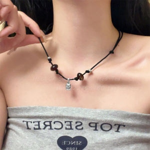 Adjustable Chinese Style Black Rope Braided Necklace Womens Tibetan Tiger Eye Stone Pendant Vintage Decorative Clavicle Chain