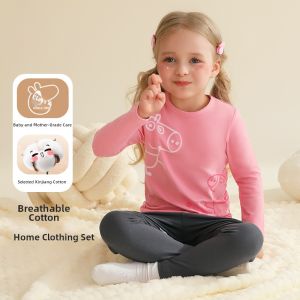 Pure Cotton Pyjamas Set for Girls Pig Peppa Home Clothes Long Sleeve Long Pants Jump Suit Breathable Moisture Wicking Baby Innerwear