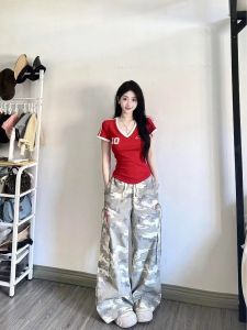 Áo Thun Tay Ngắn Cổ Chữ V Màu Đỏ Phong Cách Mỹ Dành Cho Nữ Mùa Hè Thiết Kế Nhỏ Gợi Cảm Ôm Vừa Vặn Áo Ngắn