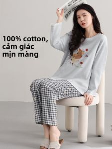 MiiOW | Bộ đồ ngủ cotton nguyên chất dài tay quần dài có đệm ngực cho nữ MiiOW Cat Person Bộ đồ ngủ mặc ở nhà mùa xuân thu có thể mặc ngoài trời