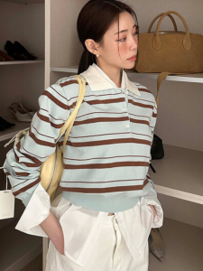 Áo Len Dệt Kim Cổ Polo Sọc Dọc Ngắn Màu Tương Phản Cho Nữ Phong Cách Cổ Điển Thời Trang Đa Năng Giảm Béo
