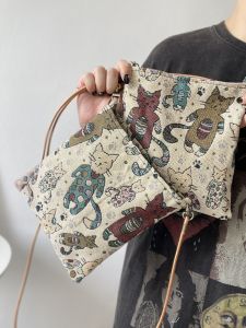 Cute Cat Summer New Retro Small Crossbody Bag Mobile Phone Bag Small Square Artistic Forest System Zipper Soft Fabric Backpack