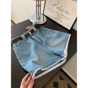 Lace Trim High Waisted Flared Denim Shorts