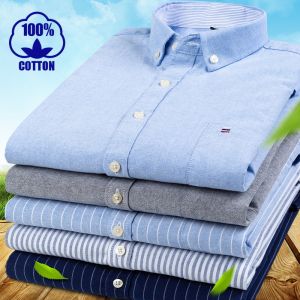 Paul Pure Cotton Oxford Woven Shirts Mens Long Sleeves Casual Clothing for Middle-Aged Dad Cotton Stripes Shirt plus Size