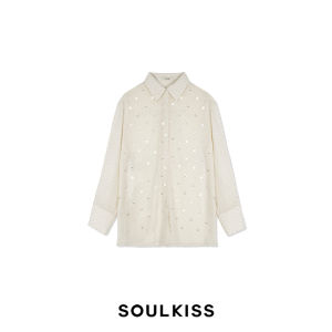 Soulkiss Handmade Beaded Loose Shirt Transparent Vague Sparkling Polyester Fabric Long Sleeve Office Commute Simple Style
