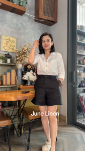 Quần short lưng tây ống rộng màu đen vải LINEN TƯNG có ép mùng. JUNE LINEN #Q04 JB