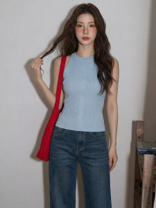 YUEZHONGWEI | French Half High Collar Blue Ice Silk Slim Fit Sleeveless Vest