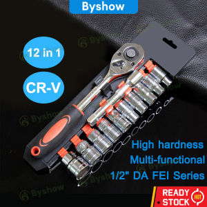 Byshow 12PCs Set Socket Spanner Heavy Duty Ratchet Wrench Chrome Vanadium Combination half Automatic Home Repairing Hand Tool Car Motorcycle Motor Bicycle Repair Tool box set Sepana Alatan Tangan Soket Tahan Lasak 扳手 工具套装