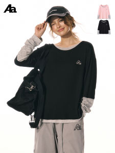 Áo Thun Nữ Dáng Rộng Dài Tay Cổ Tròn ACME AURA Vintage Color Block Gathered Design False Two-Piece Base Layer Top