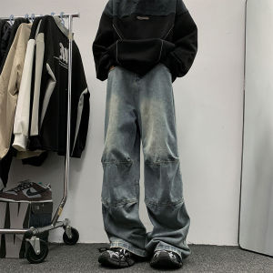หลวม ขาตรง กางเกงยีนส์ ผู้ชายอเมริกันย้อนยุคขากว้างยาวพื้น กางเกงขายาว อินเทรนด์ ยี่ห้อ เอวยืดหยุ่น งานเย็บปะติดปะต่อกัน กางเกงลำลอง
