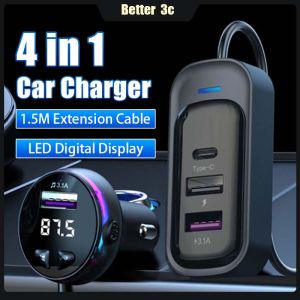 Total 60W 3USB+Type C Expansion Fast Charger Adapter LED Display Car MP3 Player Bluetooth Hands-Free Calling FM Transmitter Plug and Play
