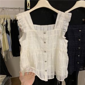 เสื้อเชิ้ตแขนกุดคอเหลี่ยมสไตล์ฝรั่งเศสสำหรับผู้หญิงในช่วงฤดูร้อน เสื้อแขนกุดทรงหลวมๆ น่ารักและทันสมัย