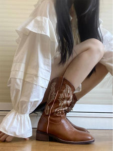 Fashion Embroidered Womens Boots Western Cowboy Style Knee-High with Color Block Heel and Ultrafine Leather Lining for Summer