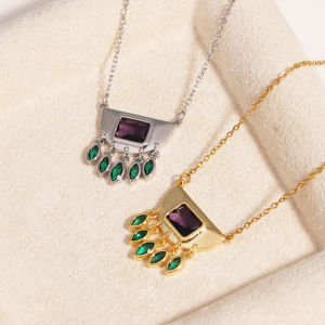 Stainless Steel Half Round Green Oval Zircon Tassel Pendant Necklace For Women Daily Wear Fashion Neck Chain Waterproof Jewelry