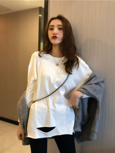 Spring 2025 Womens Loose Long Sleeve T-Shirt Cotton Denim Hole Design Pure White Base Shirt Casual Style Mid-Length Top