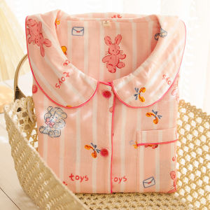 ชุดนอนผ้าฝ้ายแท้สองชั้นสำหรับผู้หญิง ชุดนอนลายการ์ตูนน่ารัก ชุดลำลองสำหรับใส่อยู่บ้าน ชุดนอนฤดูใบไม้ผลิและฤดูใบไม้ร่วง